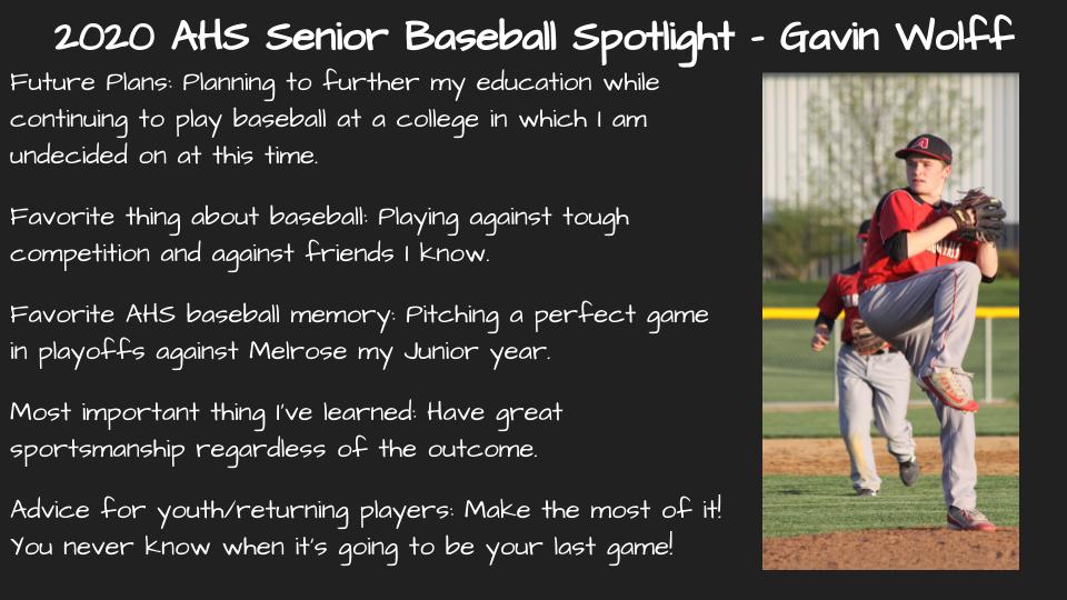 The Annandale Baseball Program would like to recognize 2020 Seniors Josh Lanctot and Gavin Wolff! From Coach MacLean: “Thank you Josh and Gavin for your commitment to the Annandale Baseball Program and best wishes in your future endeavors!”