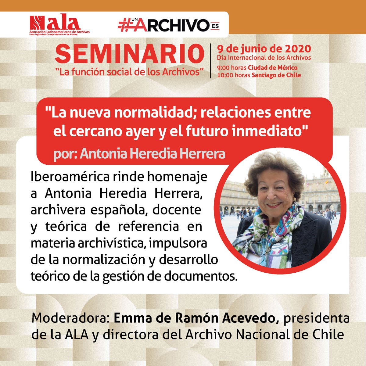 #Entérate el próximo 9 de junio #Iberoamérica rinde homenaje a Antonia Heredia Herrera, archivera española, docente y teórica de referencia en materia archivística. Inscríbete aquí al Seminario virtual "La Función Social de los Archivos": alaarchivos.org/ultimas-notici… 
#UnArchivoEs