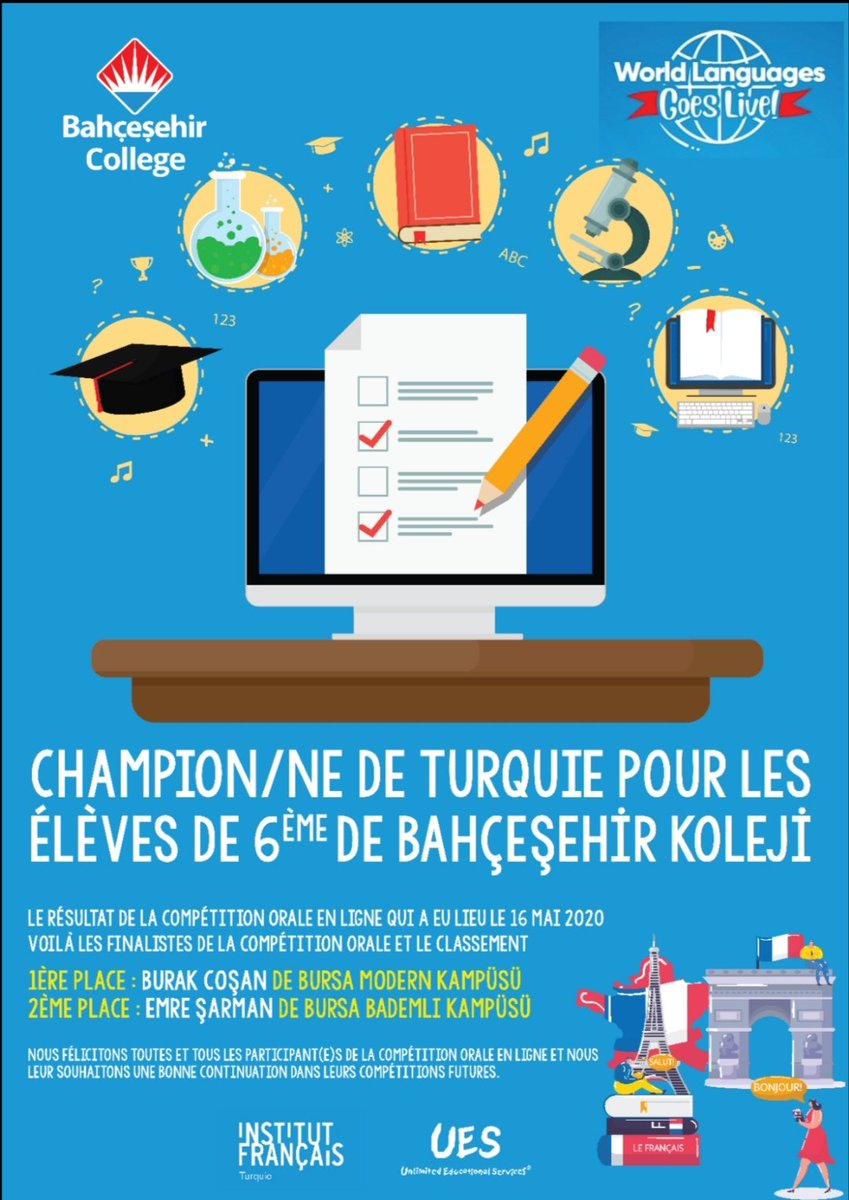 Voilà nos champions de la compétition orale "World Languages Goes Live!" Je leur félicite sincèrement pour leurs succès 👏👏
Je remercie beaucoup à <a href="/ifturquie/">Institut français de Turquie</a> @HulyaJulieOz et <a href="/BrunoTurquie/">Bruno DELVALLEE, Turquie</a> pour leurs chers soutiens et participation 🙏