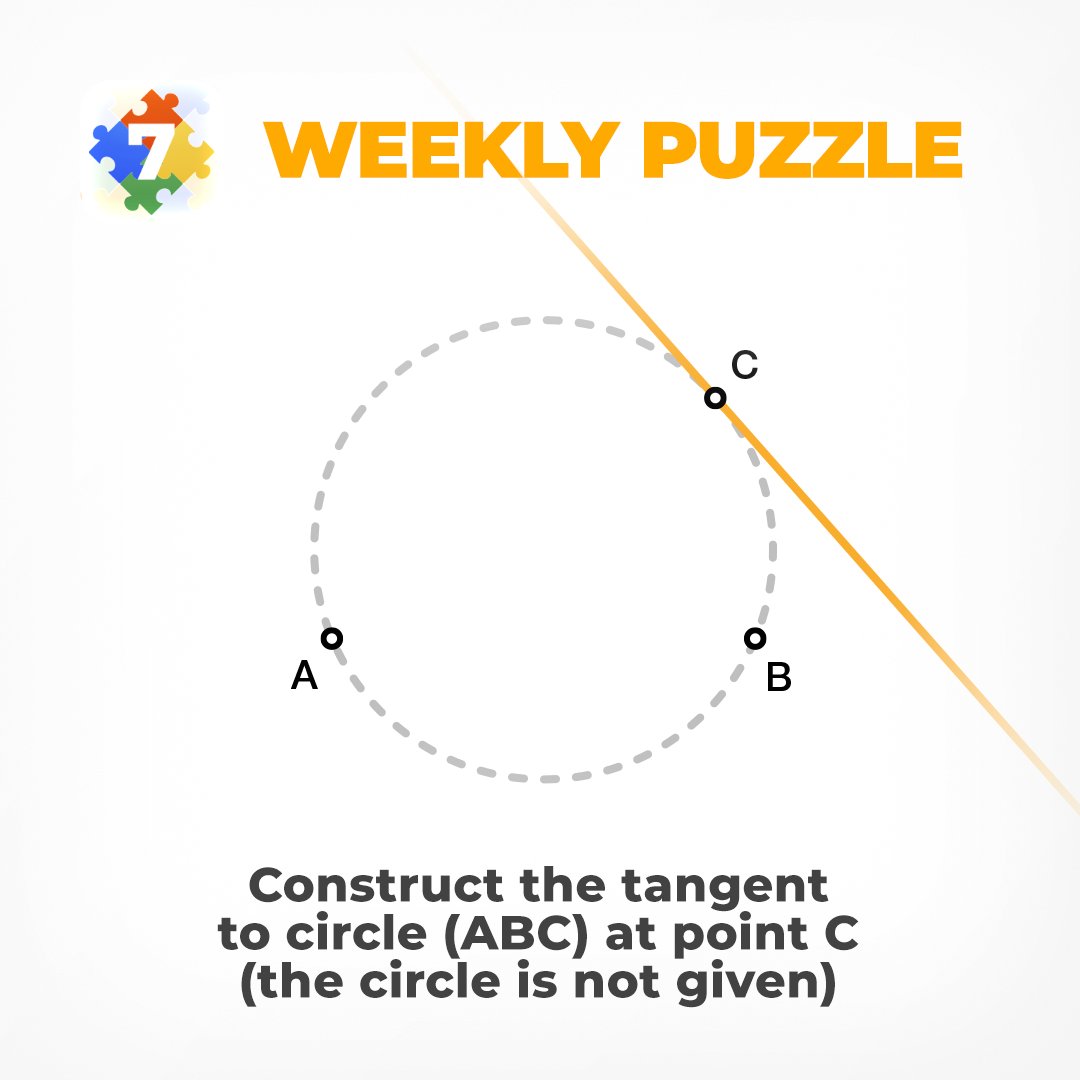 euclidea_app's tweet photo. #euclidea_puzzle_43 #euclidea 
🎓  The points A, B and C are given. Construct a #tangent to the #circumcircle of △ABC at point C using #compass and #straightedge. The circle is not given and you do not need to construct it. Try to use as least number of moves as possible. https://t.co/KTo4T4wUaC