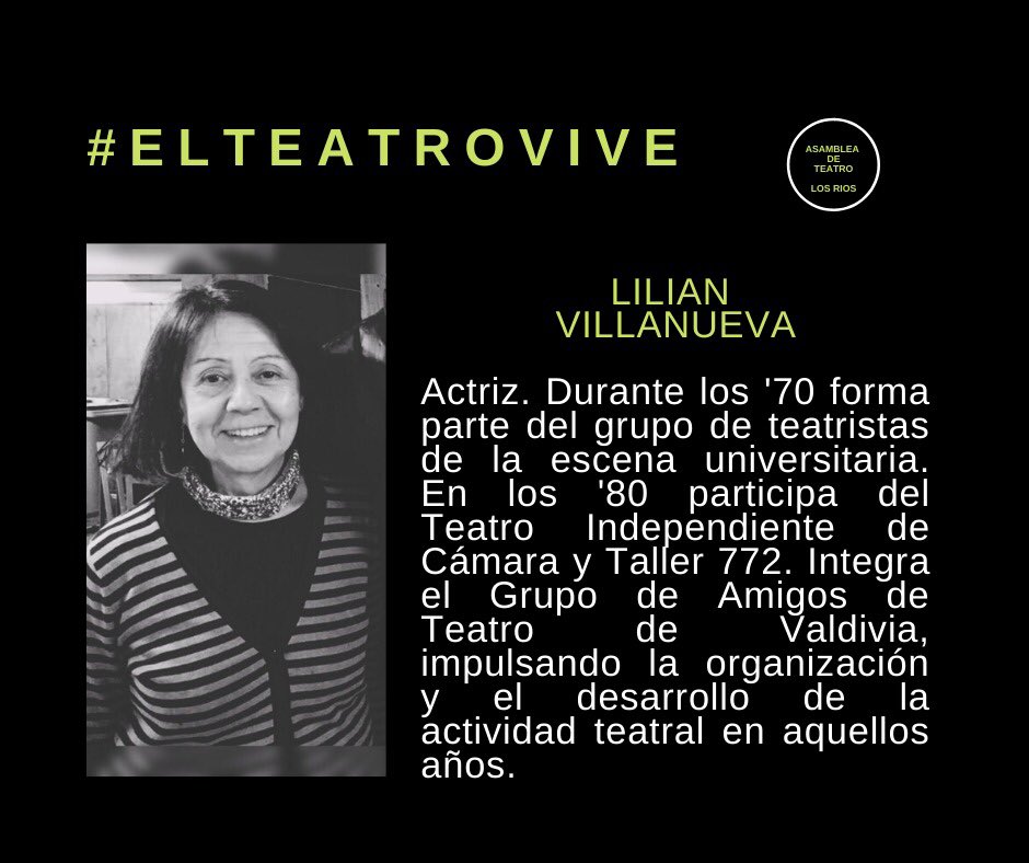 teatrolosrios's tweet photo. Hoy, 20 de mayo, queremos compartir una breve reseña de grandes personas, actor y actrices, que marcaron esta generación de compañeros y cómplices de esta etapa de Teatro en  @UAustraldeChile , Ethelvina Ruíz, Carlos Gato Krebs y Lilian Villanueva.

#elteatrovive #valdiviacl https://t.co/CaqIMgoSlM
