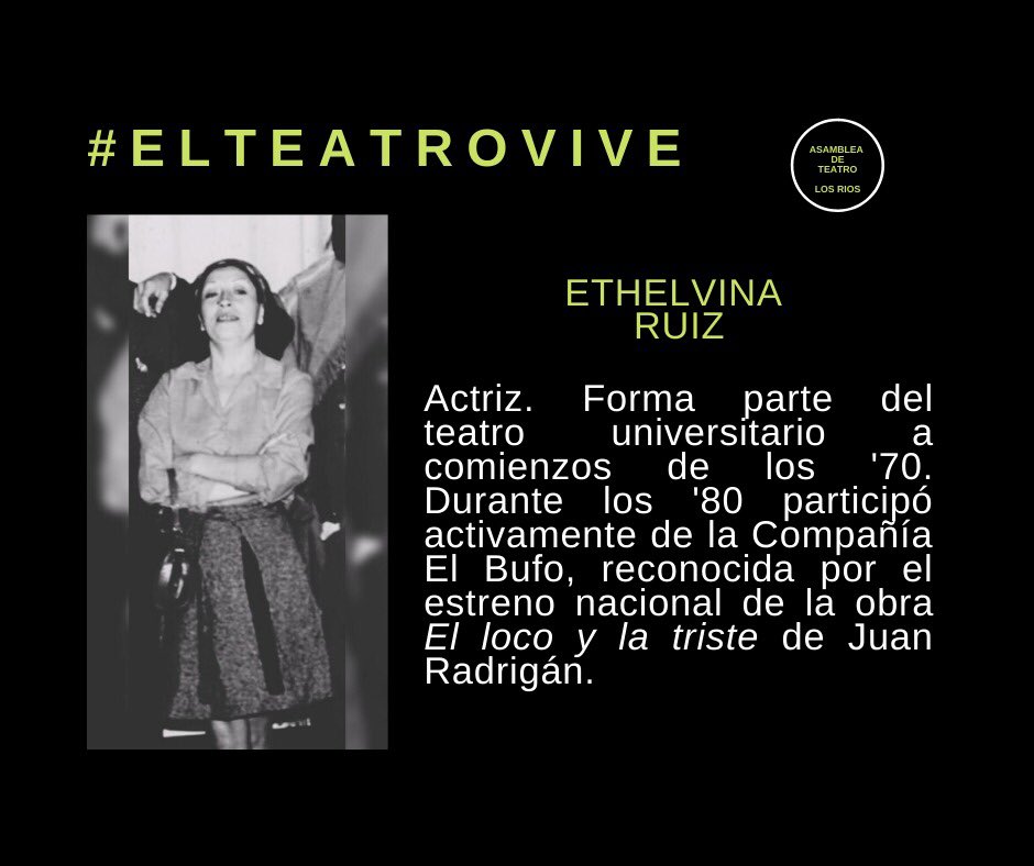 teatrolosrios's tweet photo. Hoy, 20 de mayo, queremos compartir una breve reseña de grandes personas, actor y actrices, que marcaron esta generación de compañeros y cómplices de esta etapa de Teatro en  @UAustraldeChile , Ethelvina Ruíz, Carlos Gato Krebs y Lilian Villanueva.

#elteatrovive #valdiviacl https://t.co/CaqIMgoSlM