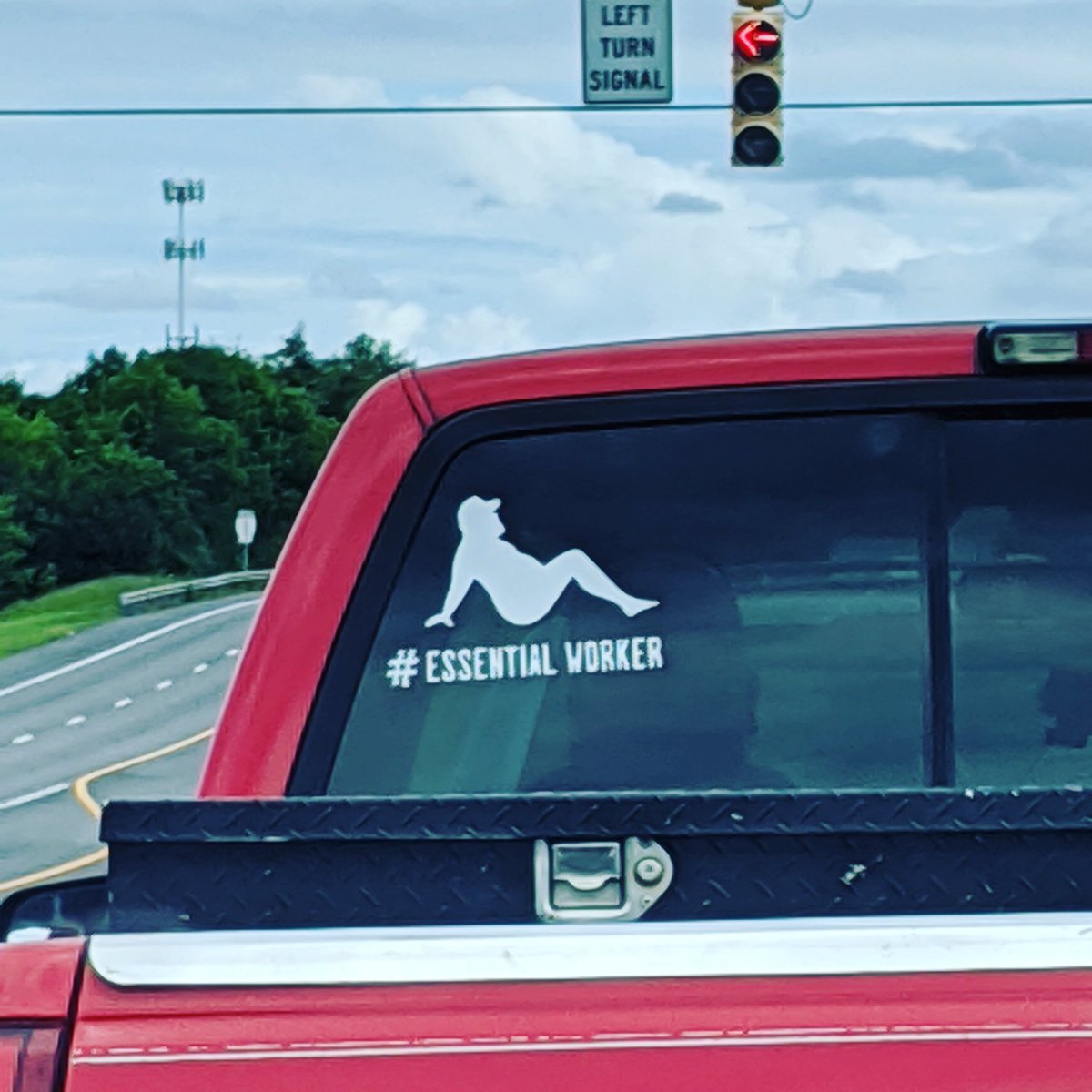 archumley's tweet photo. Workforce humor &amp; new take on the mudflap girl! Ha! #covid2020 #Workforcehumor #EssentialWorkers https://t.co/KC4ufcv6sK