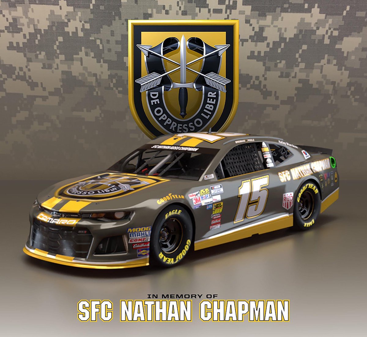brennanpoole's tweet photo. This Memorial Day, #SpartanMosquito  and I will honor SFC Nathan Ross Chapman in the @NASCAR Salutes 600 Miles of Remembrance. SFC Chapman gave his life in the line of duty on January 4th, 2002. This car honors his life, his service, and his sacrifice. https://t.co/hC0Y0uU079