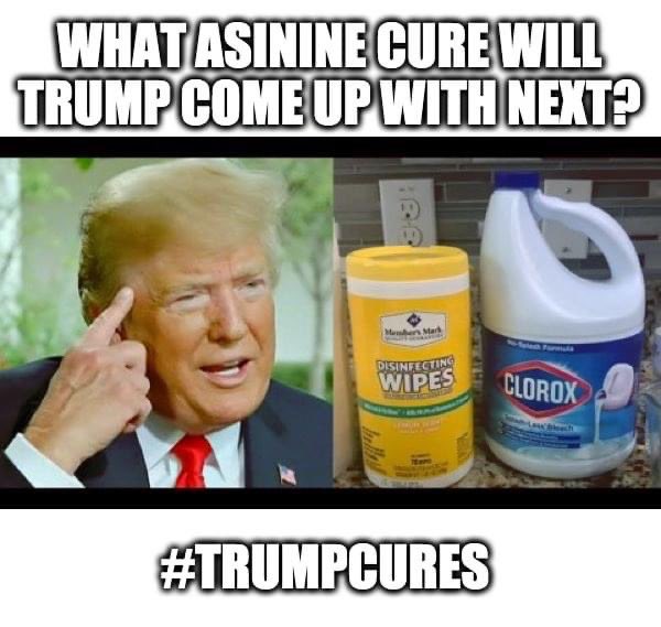 BarbedoSheepMan's tweet photo. - Stick a lava lamp up his butt?
- Swallow a Norton Anti-Virus CD?
- Close his eyes, so the virus can't see him?
What #TrumpCures will he come up with next? Make your best guess! https://t.co/I9BlKO8iqd