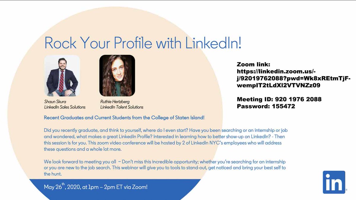 CenterIntl's tweet photo. Want to learn how to create an effective LinkedIn to attract recruiters? Join this webinar on Zoom May 26th, 2020 at 1 PM Meeting ID:920 1976 2088. Password : 155472
#Student #Students_Against_COVID #opportunity #wearecsi #cuny #cunycsi #statenisland #internationalstudents https://t.co/Pp6xLTlr9i
