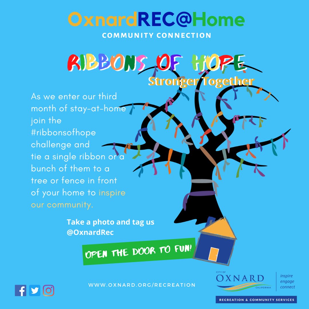 oxnardrec's tweet photo. Don’t forget to join us in the #RibbonsofHope challenge this week! Tie any color ribbon around a front yard tree, balcony, door, car door or other place to encourage your neighbors. #StrongerTogether https://t.co/bQKy8a6Mzw