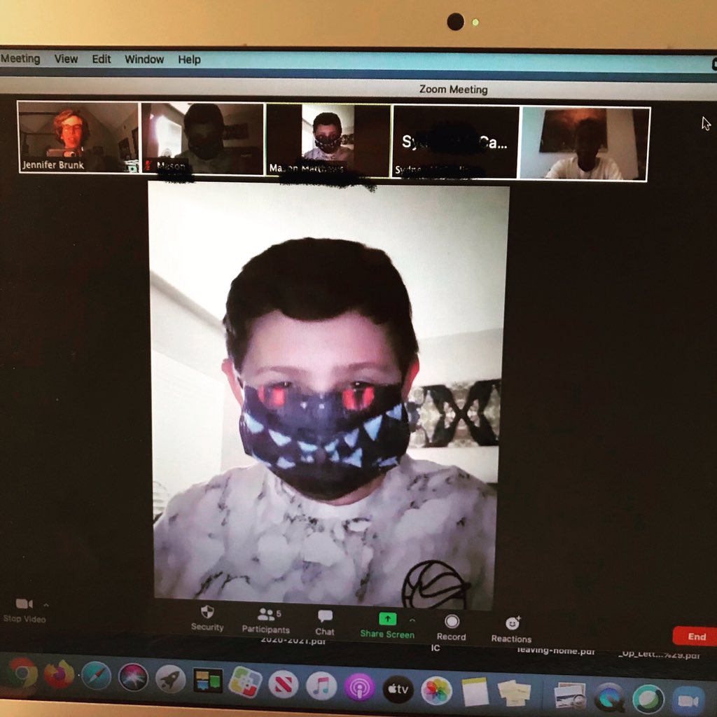 BrunkArt's tweet photo. Last morning zoom for the semester. Mason shared all the masks he decorated. This one was the best. I told him his creative masks will be a hot commodity. He created ones with 🌸’s and different characters. #SharingThe GoodLPS https://t.co/KbueVcxOjA