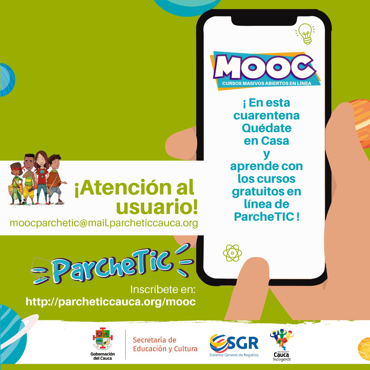 parcheticauca's tweet photo. 🏡En esta cuarentena, quédate en casa y aprende con los Cursos Masivos Abiertos en Línea que trae para ti la @SedCauca_ a través de su proyecto educativo, ParcheTIC.
- Inscríbete 📲 https://t.co/HpOXuJirJG
- Atención al usuario: moocparchetic@mail.parcheticcauca.org
#ParcheTIC https://t.co/0c58kIFKnN