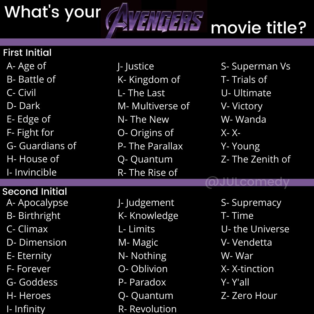 The Just Us League Twitch Tv Julcomedy What S Your Blockbuster Avengers Movie Title Please Rt And Comment Below With Yours Mcu Avengers Movietitles Julcomedy T Co Zkoj5jkjeh