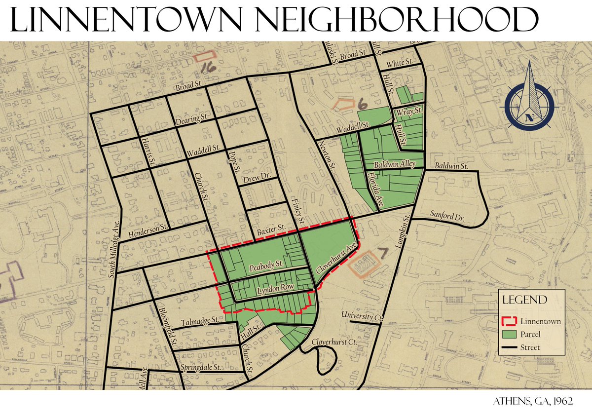cmaplab's tweet photo. New blog posts! This semester, the Community GIS class at UGA partnered with the Linnentown Project to digitize and provide analysis of records about the demolition of an African-American neighborhood near campus in the early 1960s. (Map by student Dane Hulsey) https://t.co/sX0Tnohx5k