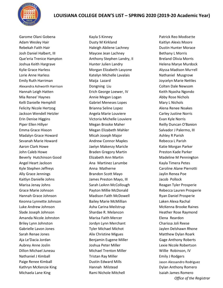 LC_University's tweet photo. Louisiana College is proud to announce the Spring 2020 Dean’s List. #andthensome https://t.co/ithjn8rvY6