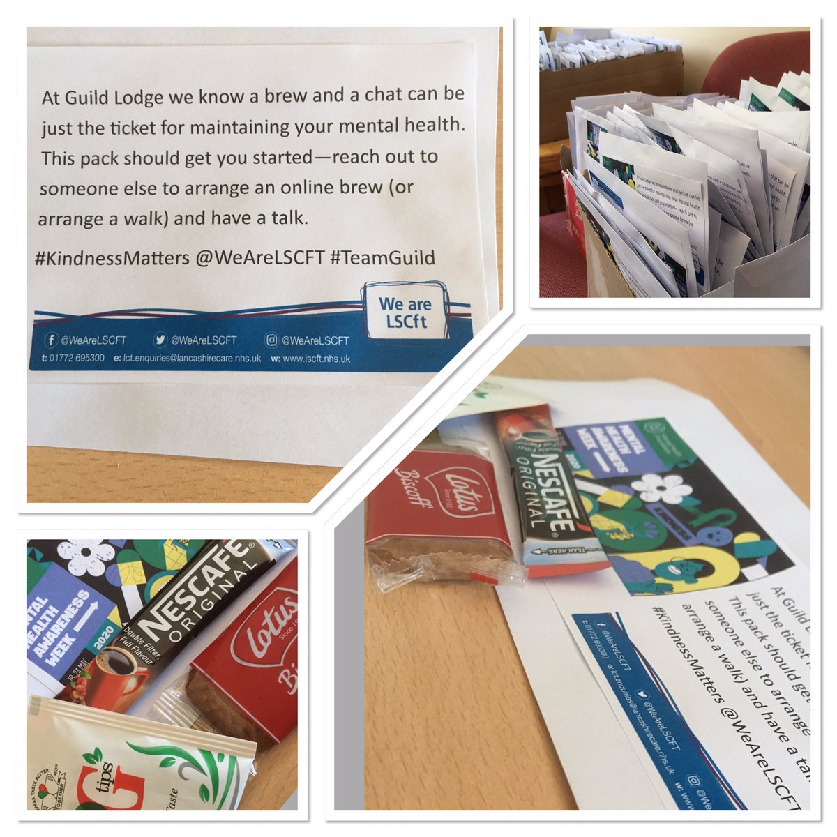 MatthewPotts8's tweet photo. Day 3 @mentalhealth Awareness Week.  Big day today as we started distributing 300 Brew and a Chat kits to our wards, other key workers and our neighbours in Goosnargh. Props to @jengardnerOT and @LouiseBain6 for making and taking kits. #KindnessMatters #TeamGuild @WeAreLSCFT https://t.co/JINGYvy6ar