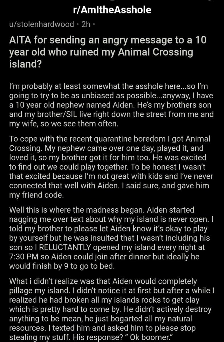 AITA_online's tweet image. AITA for sending an angry message to a 10 year old who ruined my Animal Crossing island?  bit.ly/2ZjoJpn
