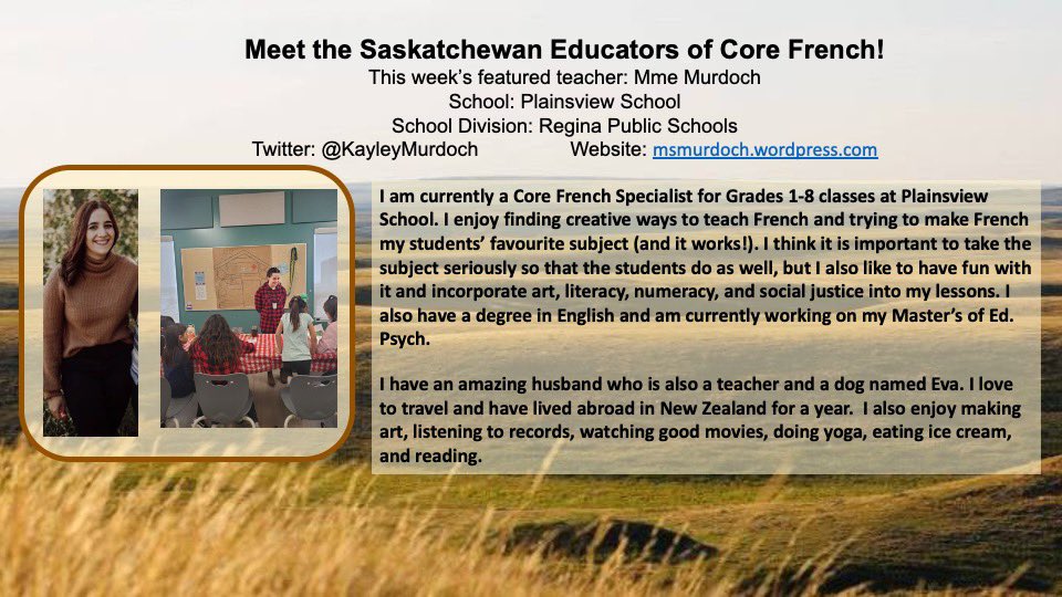 SK Educators of Core French (SEC) features <a href="/KayleyMurdoch/">Kayley Murdoch</a> from <a href="/PlainsviewSch/">Plainsview School</a> w/ <a href="/RegPublicSchool/">Regina Public Schools</a> today. Mme Murdoch creatively connects Core French to other subjects to engage Ss. Kayley’s passion for language&amp;culture is inspiring to our group.  #corefrench #sec