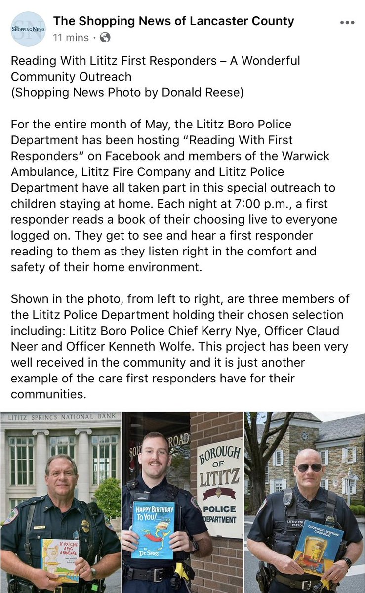 LititzPolice's tweet photo. Thank you Shopping News for helping spread the word about our #Readingwithfirstresponders program.  If you want to listen to the story check them out on our Facebook and Instagram pages! https://t.co/Cu974SLbjP