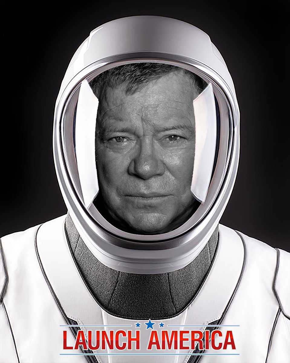 WilliamShatner's tweet photo. BTW @NASA - just in case; the suit does fit! 😉😝 #LaunchAmerica #AstroBill 🚀🛰 https://t.co/Wa9DuV08Vt