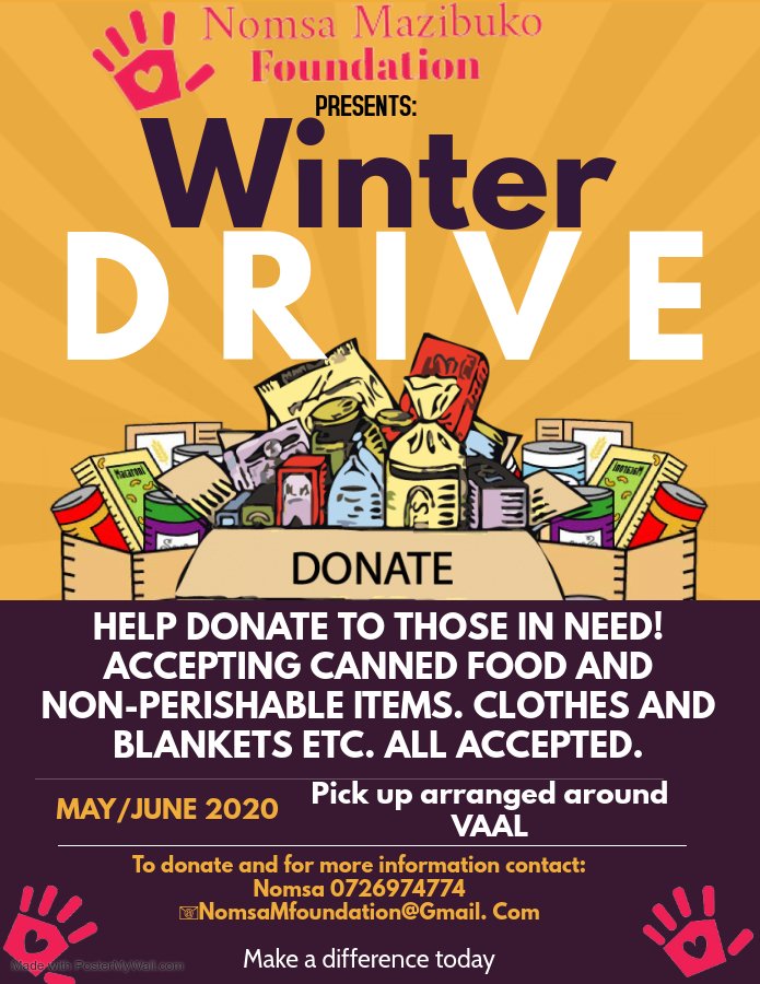 NomsaFoundation's tweet photo. Dear friends

Let's stand together in unity &amp; solidarity to make a difference in the lives of those in need. Donate tined food , Toiletries, clothes, shoes etc to be distrubuted to homes and poor families in the Vaal. NO donation is too small  🙏🏾🇿🇦 

DM FOR DETAILS 💖

BLESS U 😇 https://t.co/fzC8DkCYlB