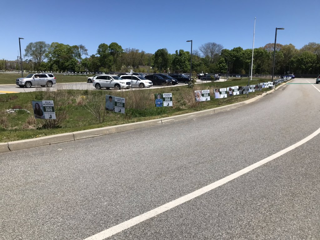 DuxburyHS's tweet photo. Be sure to stop by DHS and say hello to the @Dux2020 Seniors will be able to take their signs home when they pick up their cap and gown next Wednesday and Thursday. I suggest you enter the campus by the library for best view. @DuxAthletics @duxbury_ps @duxschools @duxburyclipper https://t.co/1fHjHj2Wnd