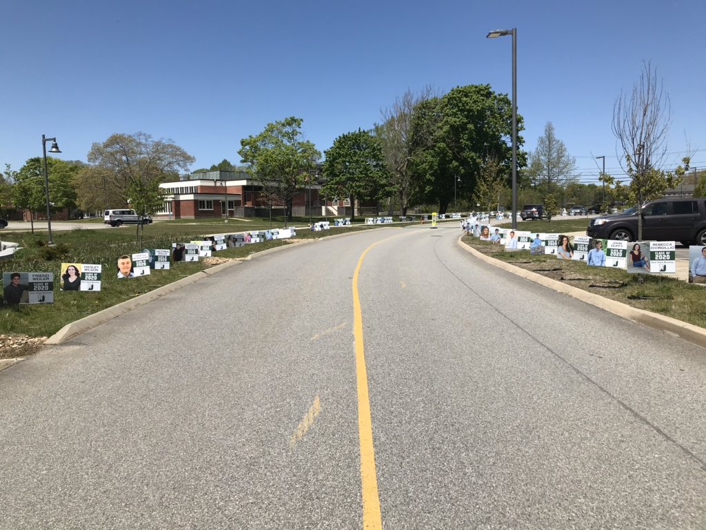 DuxburyHS's tweet photo. Be sure to stop by DHS and say hello to the @Dux2020 Seniors will be able to take their signs home when they pick up their cap and gown next Wednesday and Thursday. I suggest you enter the campus by the library for best view. @DuxAthletics @duxbury_ps @duxschools @duxburyclipper https://t.co/1fHjHj2Wnd
