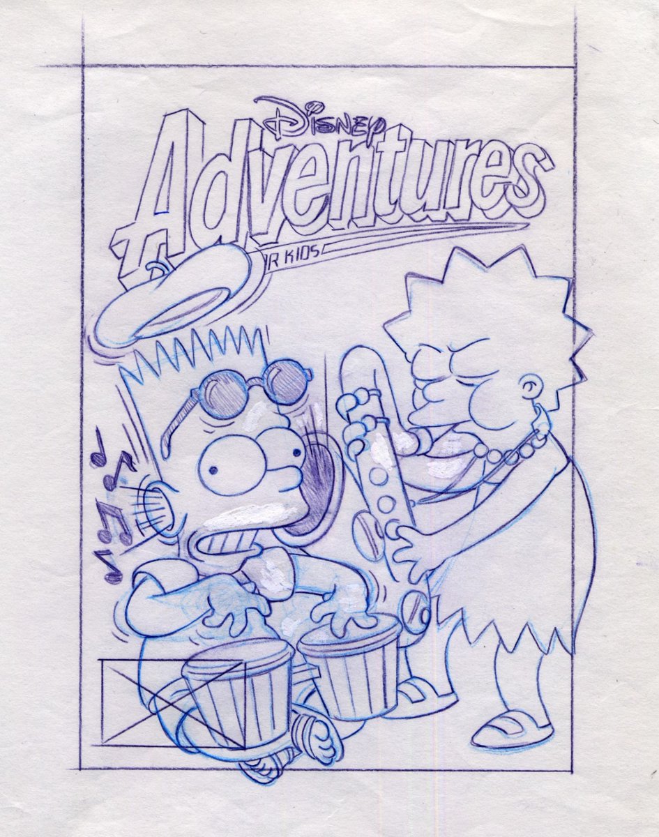 SimpsonsArt_'s tweet photo. Original Bill Morrison artwork produced for a 'Disney Adventures' magazine cover from 1994. This is most likely the first time Simpsons characters appeared on anything Disney-branded. https://t.co/mTdoJ8Wr7h