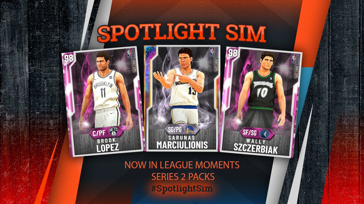 NBA2KMyTEAM's tweet photo. New Historic #SpotlightSim Moments 🚨 Who have you been ballin out with in the #SpotlightSim challenges? Only one week left to earn a card 👀

GO Sarunas Marciulionis 
PD Wally Szczerbiak 
PD Brook Lopez
💎 Diamond Tim Legler 
Amy Darko Milicic https://t.co/dQVLrUSEgN