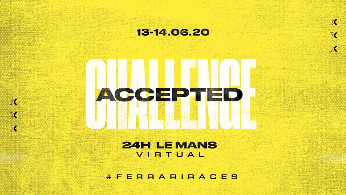 FerrariRaces's tweet photo. ⚠️ Special Announcement! 🙌
We are super excited to share this news with you: 
#FerrariRaces will be part of the 2020 @FIAWEC #LeMans24Virtual! Be sure to mark June 13th+14th in your calendars! https://t.co/wWoaugRN9z