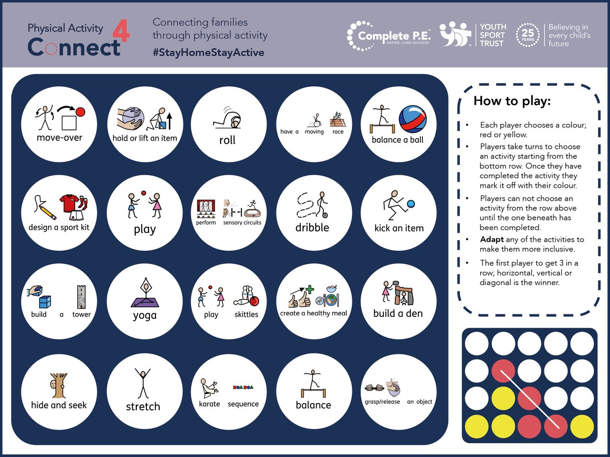 Youth Sport Trust (@youthsporttrust) on Twitter photo As next week is half term, we've teamed up with <a href="/Complete_PE/">Complete P.E.</a> to bring you another fun-filled activity card to complete while keeping active as a family! Who will be first to connect 4 or get 3 in a row?
#StayHomeStayActive bit.ly/2zQlVFF As next week is half term, we've teamed up with <a href="/Complete_PE/">Complete P.E.</a> to bring you another fun-filled activity card to complete while keeping active as a family! Who will be first to connect 4 or get 3 in a row?
#StayHomeStayActive bit.ly/2zQlVFF