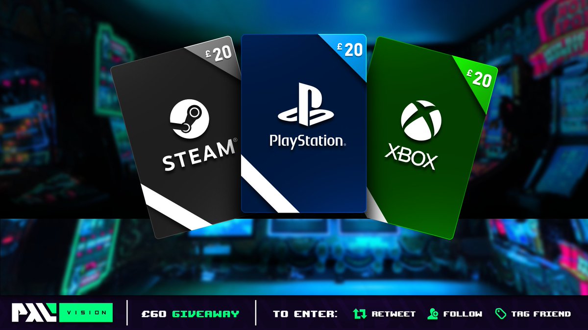 PixelizedVision's tweet photo. It's #Giveaway time to celebrate our launch!

Three vouchers are up for grabs:
➡️£20 Steam
➡️£20 PS4
➡️£20 Xbox

All you have to do is:
1) Follow @PixelizedVision 
2) Retweet this tweet
3) Tag a friend 

Winners announced 23rd, 24th &amp; 25th of May with their choice of voucher! https://t.co/06Rf222LlE