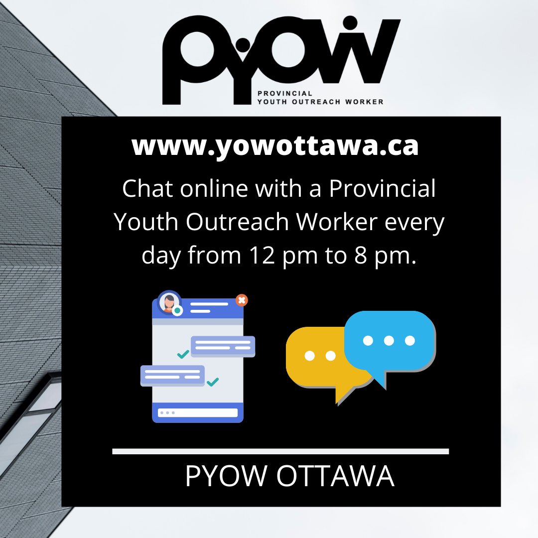 PYOWOttawa's tweet photo. Want to chat? You can now chat with us from our website daily from 12-8 pm. Find the link in the bio. #chat #pyow #outreach #ottawa #service #youth https://t.co/3UOhfYrXQJ