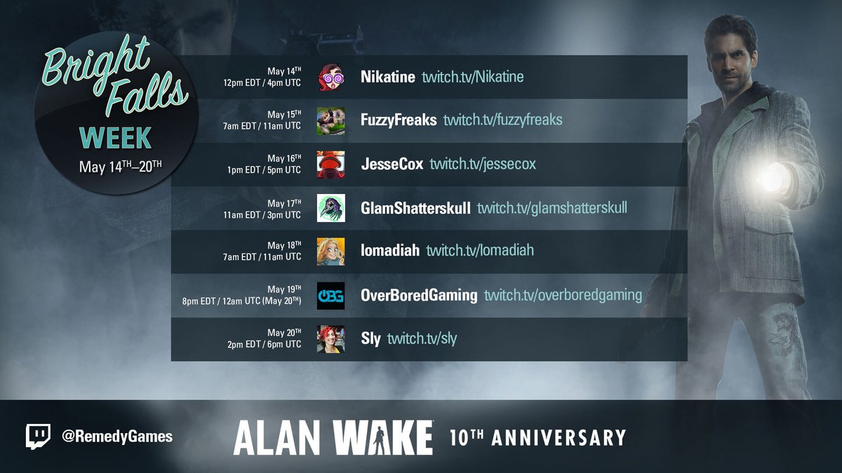 remedygames's tweet photo. We've reached the last day of Bright Falls Week! In an hour, @Slyvinlisha will be streaming Alan Wake. #10yearsofAlanWake
📺 https://t.co/MPXN9jC948
📺 https://t.co/bEQOiFYJlg https://t.co/T72ztN5uE9