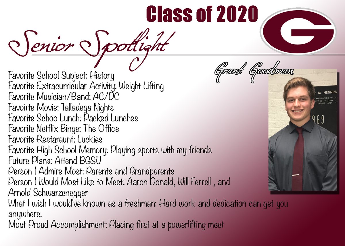 GenoaSchools's tweet photo. Senior Spotlights!!
#2020GenoaProud #2020CometNation #2020CometGrads https://t.co/lRn4mcdy41