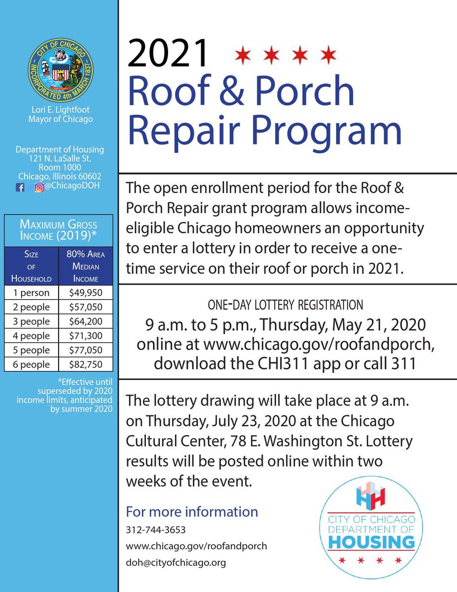 40thforward's tweet image. The City of Chicago 2021 Roof &amp;amp; Porch Repair Program is OPEN TOMORROW AND TOMORROW ONLY from 9AM-5PM! You can apply:

- By calling 311
- At 311.chicago.gov
- @ChicagoDOH's website: bit.ly/2WUP1vb