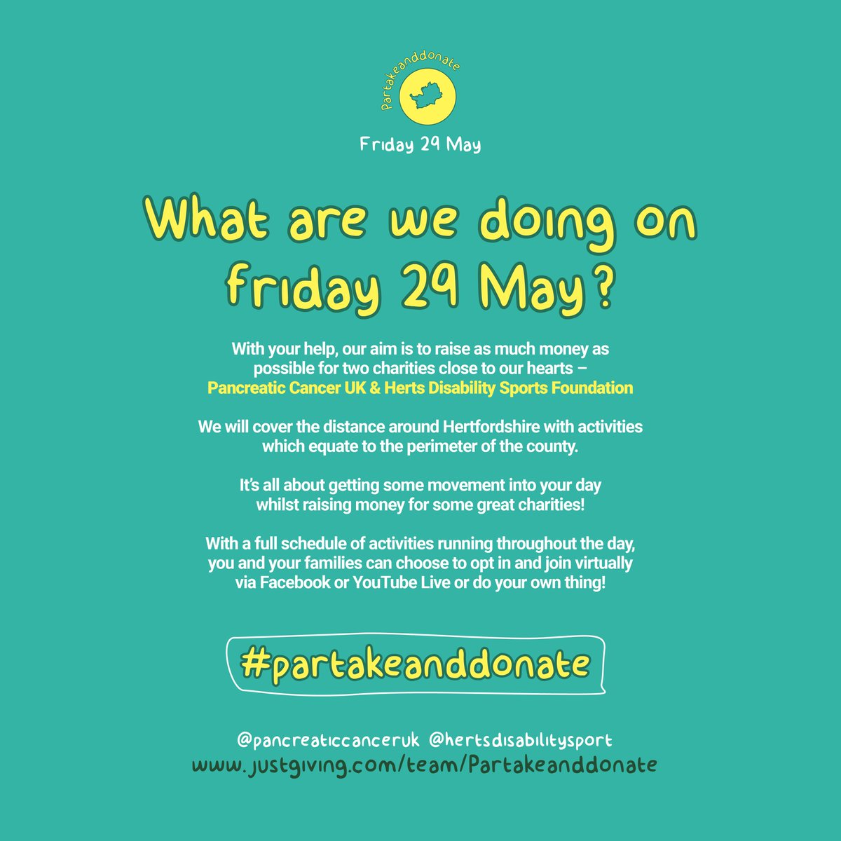 HertSquad's tweet image. Partake and Donate! Be part of something great next Friday 29 May👟we've teamed up with @sportinherts to raise vital funds for 2 charities close to our hearts @PancreaticCanUK &amp;amp; @Herts_DSF
Want to get involved on the day?? Find out more: hertssportsvillage.co.uk/partake
#PartakeandDonate