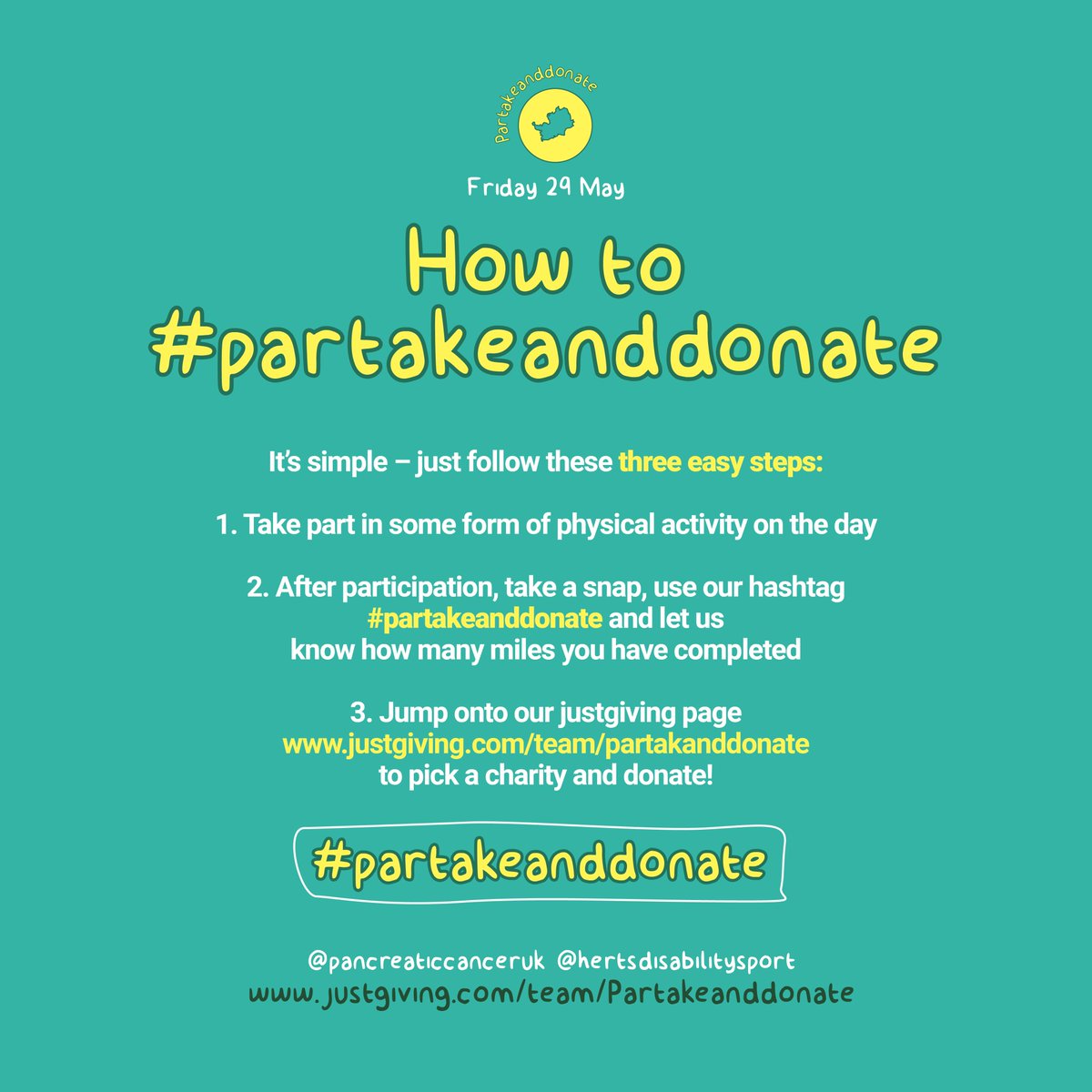 HertSquad's tweet image. Partake and Donate! Be part of something great next Friday 29 May👟we've teamed up with @sportinherts to raise vital funds for 2 charities close to our hearts @PancreaticCanUK &amp;amp; @Herts_DSF
Want to get involved on the day?? Find out more: hertssportsvillage.co.uk/partake
#PartakeandDonate