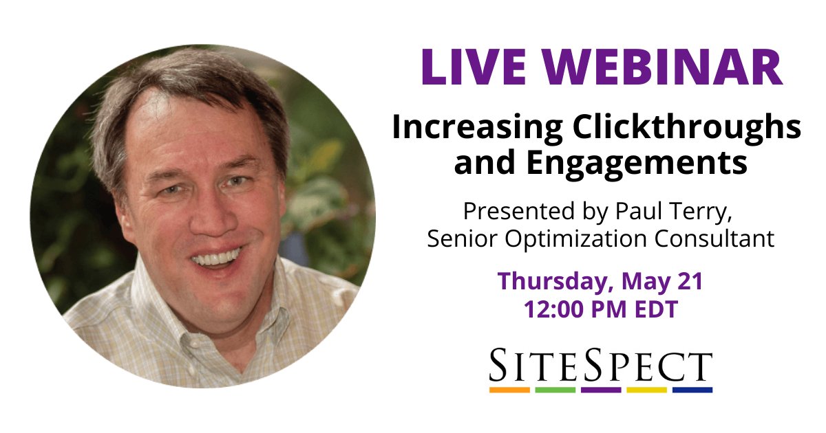 SiteSpect's tweet photo. Have you registered for this week’s #webinar? Join Senior Optimization Consultant Paul Terry as he discusses ways to increase your site’s #clickthroughs and #engagements. Register now: https://t.co/6gFrqapmue https://t.co/SnYcKXWNkn