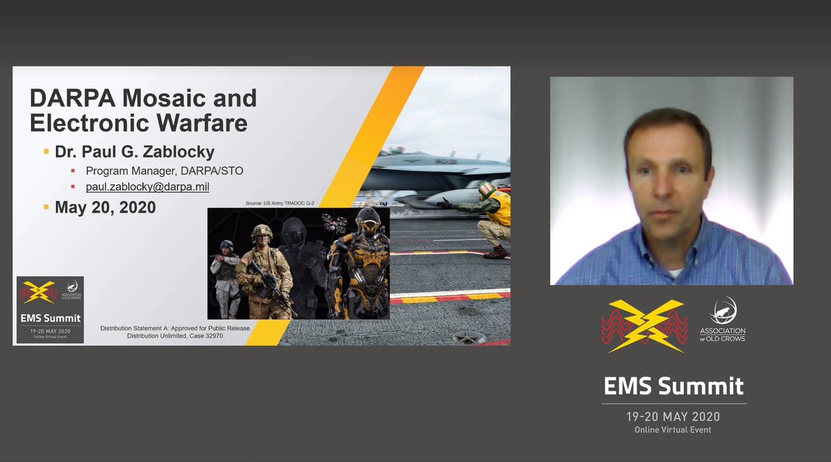 AOCrows's tweet photo. Dr. Paul Zablocky from @DARPA presents "DARPA Mosiac and Electronic Warfare" during session 8 in the #EMSsummit https://t.co/W9sQm99T5z
