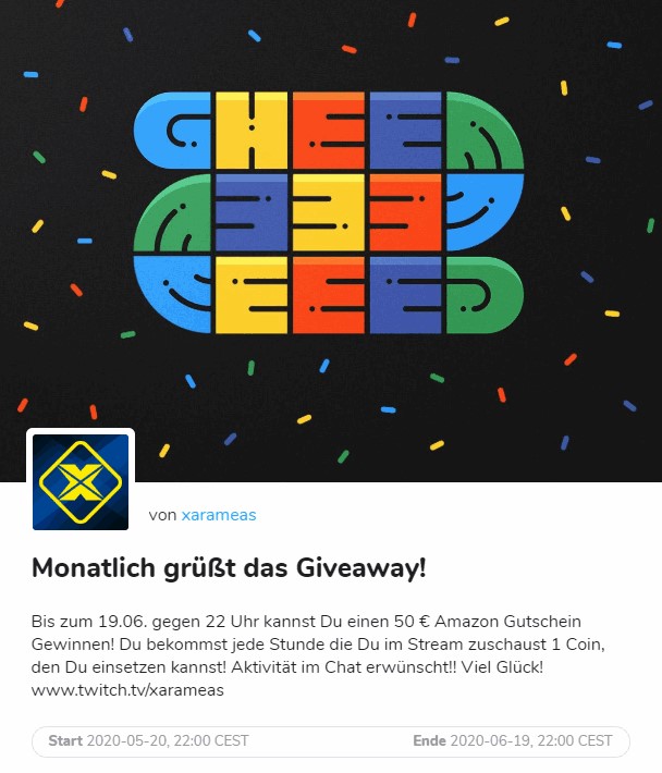 Xarameas's tweet photo. Bis zum 19.06. gegen 22 Uhr kannst Du einen 50 € Amazon Gutschein Gewinnen!Du bekommst jede Stunde die Du im Stream zuschaust 1 Coin,den Du einsetzen kannst!Aktivität im Twitch-Chat erwünscht!!Viel Glück! :-) https://t.co/y50IGDvw6K - https://t.co/zlZkOXXLDK https://t.co/0ZrwP62blB