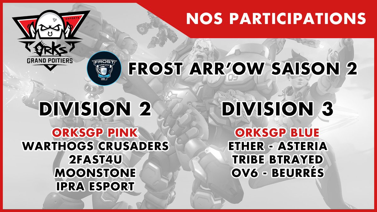 Nos équipes #Overwatch orKs GP Pink 💗 et orKs GP Blue 💙 sont en lice pour le tournoi <a href="/OwFrostar/">Frost Arr'OW</a> respectivement en division 2 et division 3 !
Toute la Horde est avec vous ! Bonne chance à eux et on les retrouve bientôt en stream pour cette compétition !
🔴⚫ #WeAreHorde 🔴⚫