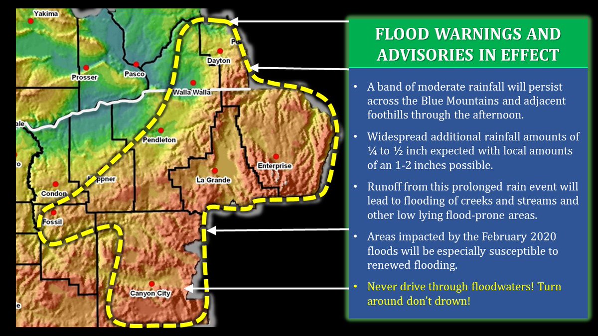 We're seeing #flood potential with the band of moderate rain that is barely moving across the region this morning. If floodwaters threaten, seek higher ground and never drive through water over the road! #orwx #wawax #turnarounddontdrown