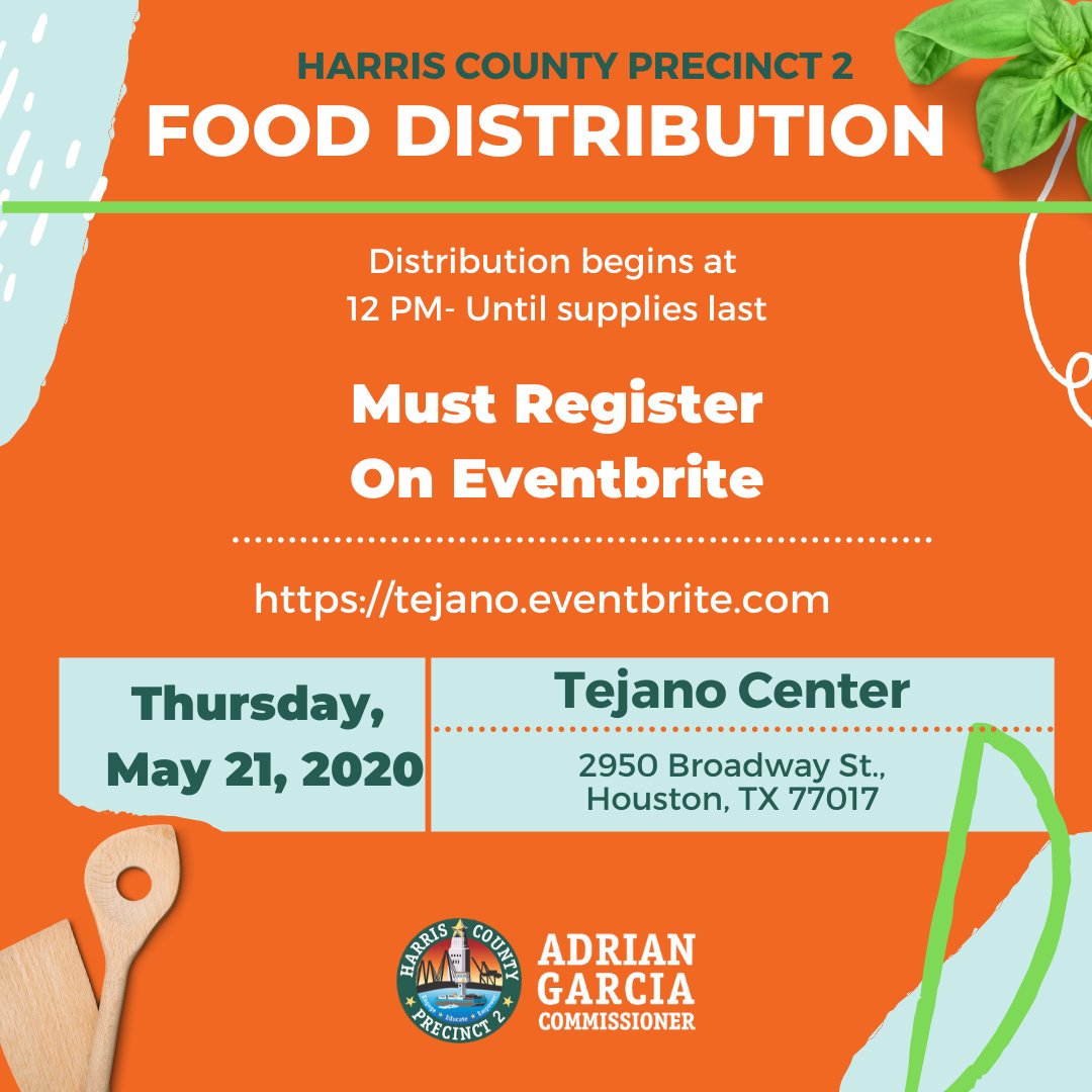HarrisCoPct2's tweet photo. If you haven't registered for this #FoodDistribution, there's still a chance! Tomorrow, starting at noon, we will be at the #TejanoCenter distributing food until supplies last. Visit https://t.co/Kz2ZAjuXRp to register. #FoodDistributionsPct2 #InIt2gether #Pct2Strong https://t.co/db2x209mbD
