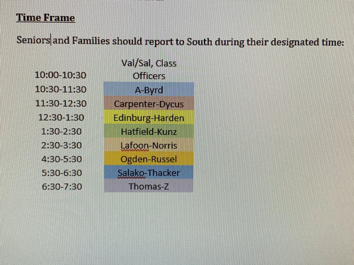 Important announcement for graduation on June 6th.
The following is the schedule for times the graduate and their family may attend their graduation ceremony.