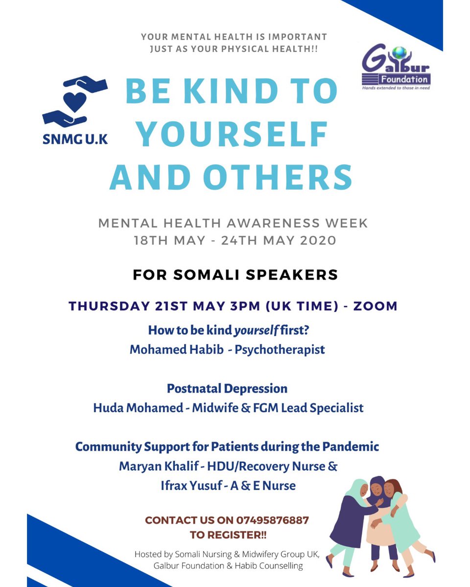 We’ve teamed up with <a href="/SNMG_UK/">Somali Nursing & Midwifery Group UK</a> <a href="/habibcounsellin/">HabibCounselling</a> to deliver a session tomorrow (21/05/2020) at 3pm via @zoom_us for SOMALI SPEAKERS only