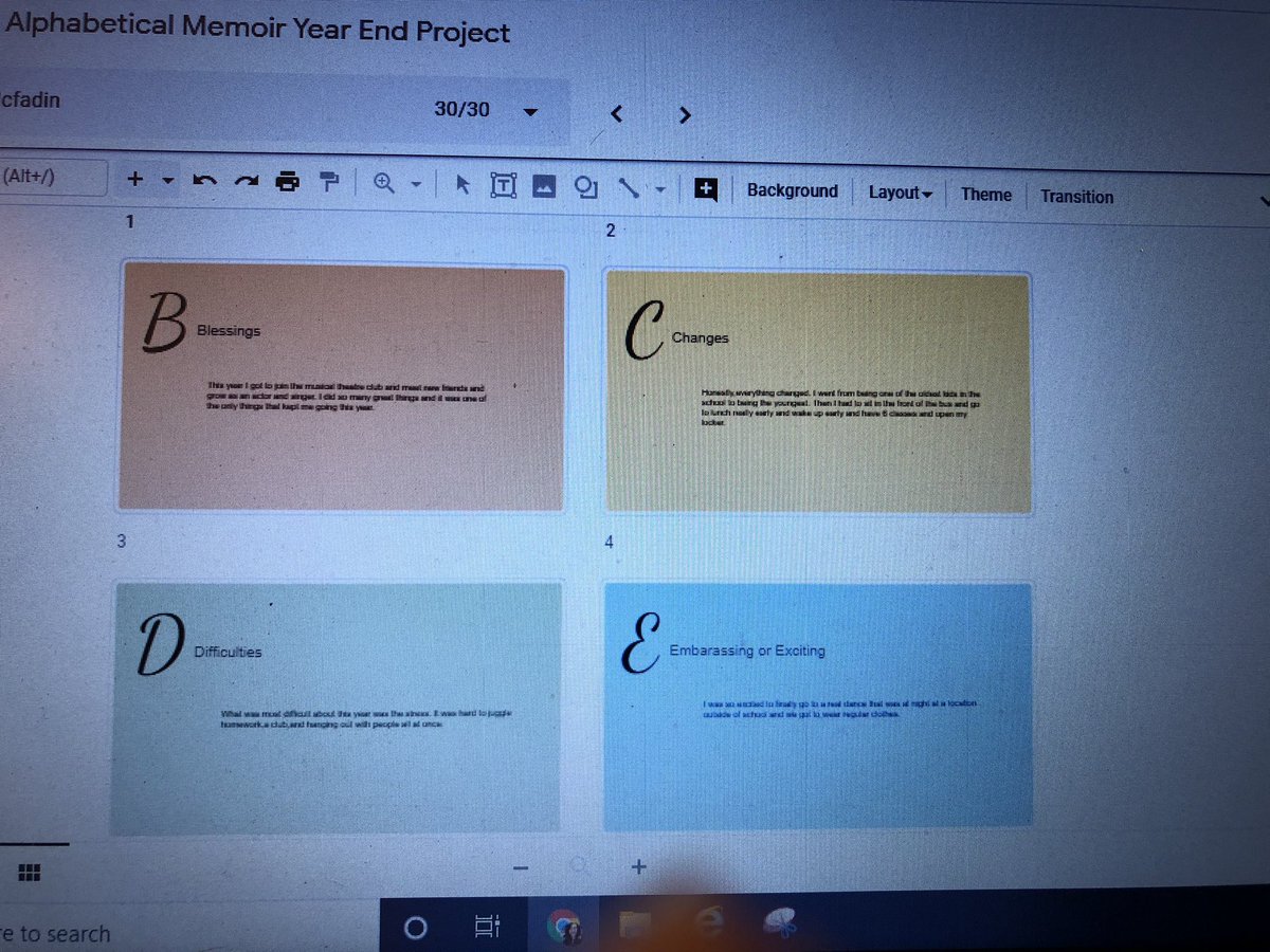 KimScanlon1's tweet photo. My Ss are doing a year end reflection/memoir assignment that I found &amp; adapted for them.  It’s called an alphabet memoir- memories of 6th grade. They are doing a fantastic job with them, &amp; I’m finding myself smiling as I read them. @JCTMS_JCPS  @jctmslibrary  #WeAreJCPSAtHome https://t.co/Cz8XLrWlnu