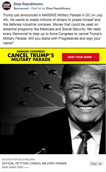 #stoprepublicans a campaign run by <a href="/TurnoutPAC/">Progressive Turnout Project</a> continues to be one of the top spenders on FB ads.  Here is one of their latest ads - targeting 55+ with 90% of their spending on this ad #listbuilding #2020election