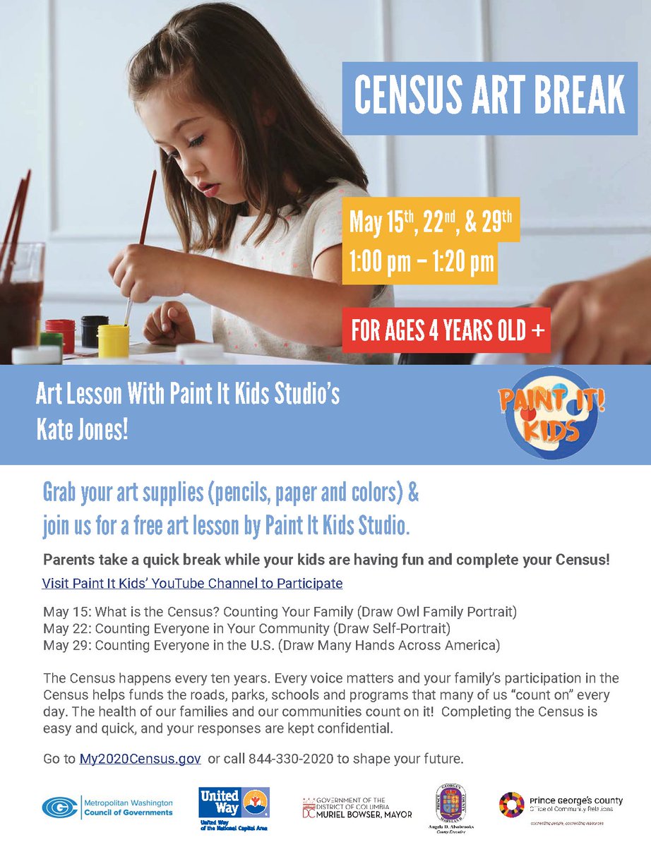 CEXAlsobrooks's tweet image. Join us for a Census Art Break this Friday! Grab your art supplies and enjoy a free art lesson from Paint It Kids Studio. Parents, take a quick break and complete your Census while your kids are having fun. #ProudtobeCounted #PrinceGeorgesProud #CountDMVin