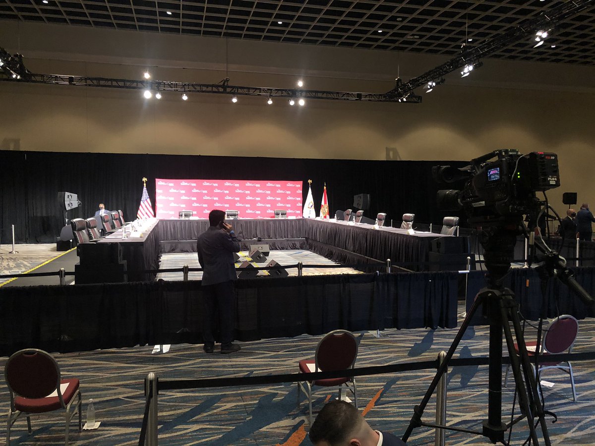 RobGuaderrama's tweet photo. Check out the set-up for the round table discussion with @VP, @GovRonDeSantis and #Orlando tourism leaders. The meeting starts at 2:40pm, coverage on @fox35orlando #FOX35 #ReopenIngFlorida https://t.co/n6UQ9LNpxN