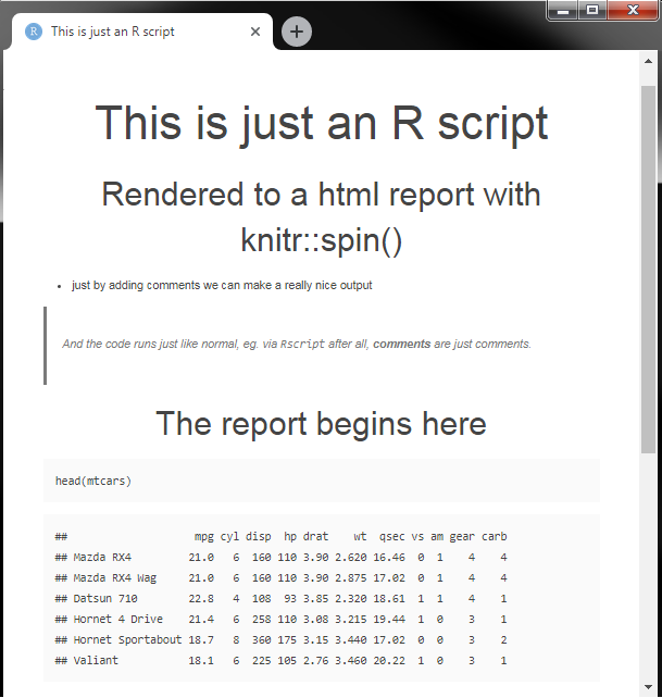 jozefhajnala's tweet photo. 📰Quick R tip: Create professional reports directly from R scripts

Instead of copy-pasting #rstats code into .Rmd chunks, you can use knitr::spin("script.R") to create a report directly from scripts, adding headers and more using comments.

Read more:
🔗https://t.co/UCTMJYj42A https://t.co/YX5rRQzprW