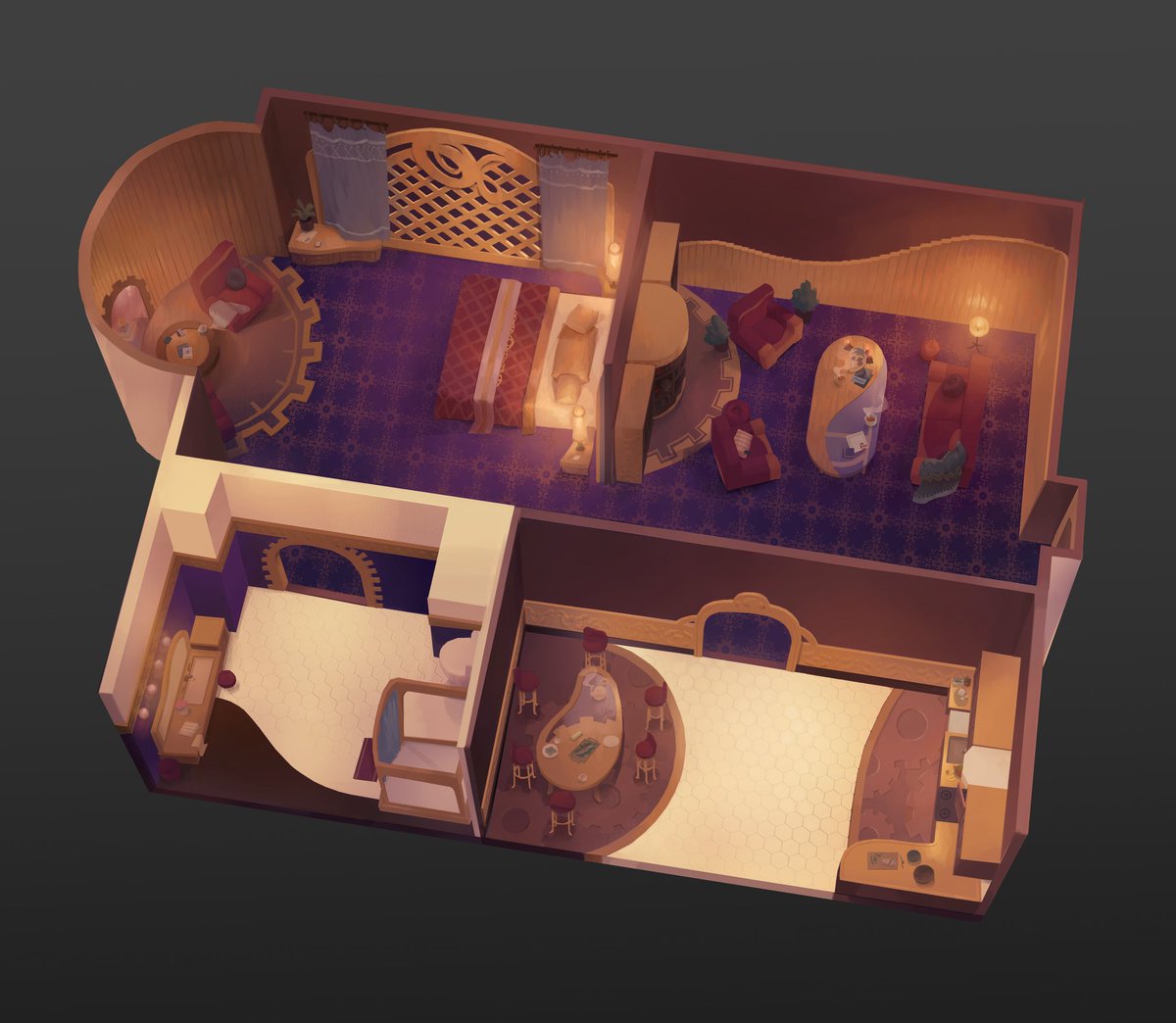 Ringarune's tweet photo. Hotel concept art for Wiltune. The lobby was especially fun to design, gotta love moon pools 💖 
#conceptart #gameart #gamedev https://t.co/OBo1eyUZWx