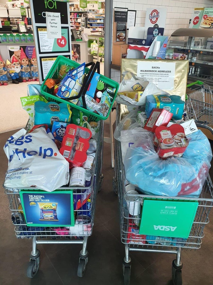 eachurcheshome2's tweet photo. Good day at EACHa today. Two trolleys filled to the brim with food and essentials by the kind customers of @asda Kilmarnock. These will help us fill the food parcels distributed each Wednesday to local homeless and vulnerable people. Thank you for your generosity. https://t.co/BFvzH1cRzs